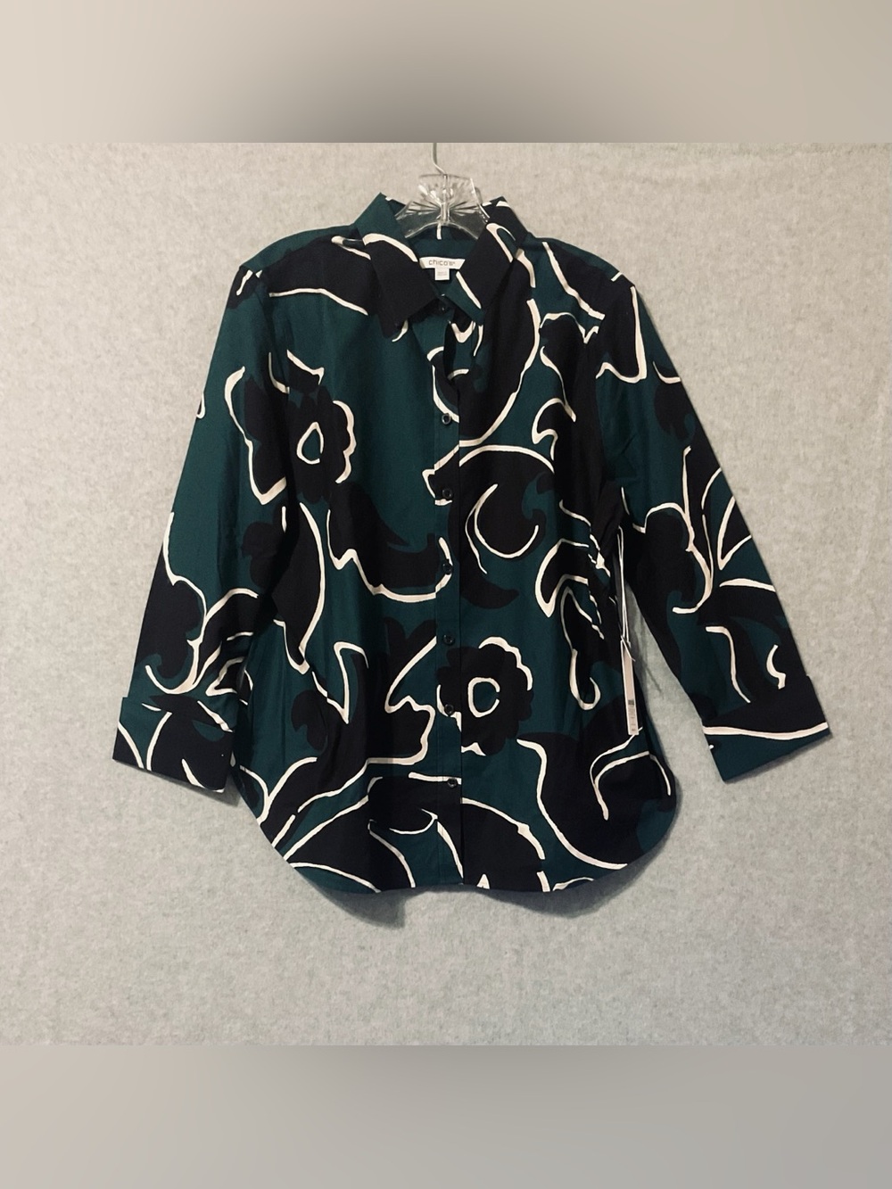 Chico's Forest Teal Black Cream Abstract Floral Button-Down Shirt Sz 2 us 12